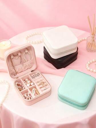 1Pc Mini Jewelry Organizer Box, Portable PU Leather Zipper Case, Large Capacity For Earrings Necklaces Rings, Travel Essentials Makeup Storage, Minimalist Gift For Women Mom Girlfriend, Back To School Dorm