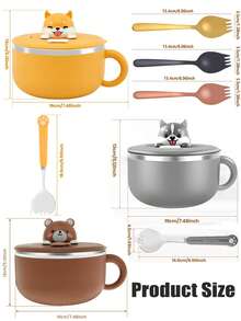 Cute Kitchen 1/2個 1200ml 即食麵碗 SUS304不鏽鋼，可愛卡通動物，可攜式碗－手機支架設計，可用於食用即食麵、水果、沙拉、義大利麵，感恩節、開學季，送給他人的可愛禮物 - 彩色 - 查看 6