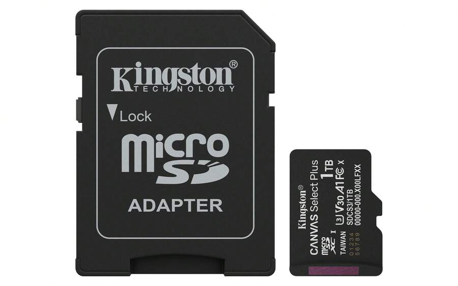 Kingston Technology 1TB MicroSDXC Canvas Select Plus Gen3 150MB/S A1 (Includes SD Adapter) - Black - View 1