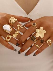 20/6pcs Vintage Delicate Bohemian Minimalist Style Gold Stackable Rings Set, Includes Flower, Bow, Asymmetrical Pearl, Twist, Heart, Rhinestone, Moon, Star, Cross, Cat Eye Stone Designs, Suitable For Women, Holidays, Parties, Dates, Daily Wear, Gift (Random Assortment) - Gold - View 7