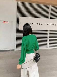 女式休闲纯色腰部抽绳纽扣设计灯笼袖运动衫，秋季 - 綠色 - 查看 5