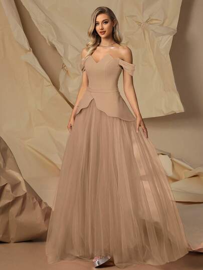 VIPGIRL ชุดเดรสเกาะอกสีกากีใหม่พร้อมระบายข้างเอวและกระโปรงตาข่าย ชุดราตรีทางการของผู้หญิงที่เรียบง่ายและสง่างาม