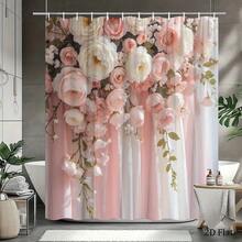 2D Flat Print Elegant Floral Pattern Artificial Gemstone Shower Curtain Decorated With Soft Pink And White Roses, Peonies, And Draped Fabric Suitable For Wedding Home Decoration Bathtub Curtain Includes  Size 70.8x 70.8inch 2D Flat Style - 彩色 - 查看 5