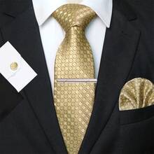 1件/2件/3件/5件 男士金色圓形圖案領帶、口袋巾、銀色領帶夾、袖扣與領口針組合套裝，適用於職場、商務、會議、婚禮、畢業典禮等場合，男士生日禮物配件 - 金色 - 查看 8