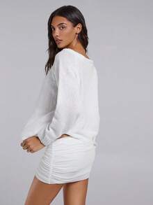 TypaGal Winter Fall Modern Chic New Year Party Retro Elegant Sexy Street Minimalist White Solid Color Asymmetrical Neck Casual Versatile Long Sleeve Pullover Sweater,Off The Shoulder Sweater In Fall/Winter - White - View 2