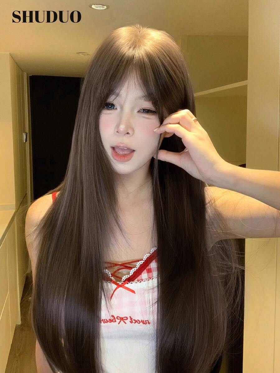 alicegarden 26英吋長合成直髮假髮,自然棕色中分設計,適合日常配戴,呈現自然逼真外觀,女性理想禮物 - 棕色 - 查看 1