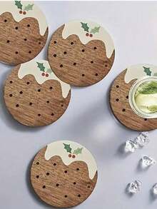 6pcs/Set Christmas Pudding Wooden Coasters, Wooden Coasters For Home, Office, Cafe, Tea Room Decor, Table Decoration, Restaurant Decoration, Christmas Gift