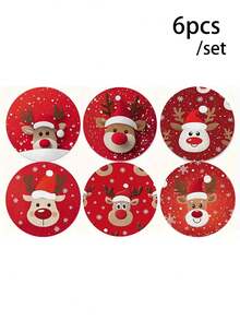 6pcs/Set Christmas Pudding Wooden Coasters, Wooden Coasters For Home, Office, Cafe, Tea Room Decor, Table Decoration, Restaurant Decoration, Christmas Gift