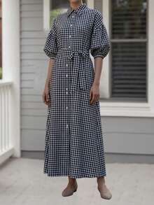 Women's Christmas Plaid Maxi Dress Lapel Collar Short Puff Sleeve Button Down Belted A-Line Dress Fall Winter Party Holiday Clothes - 黑色 - 查看 6