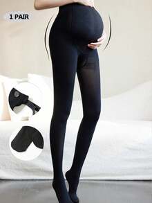 1pc Apricot & Black Maternity Stirrup Tights With Adjustable Belly Support Band, Suitable For Everyday Use In Spring & Autumn - Multicolor - View 2