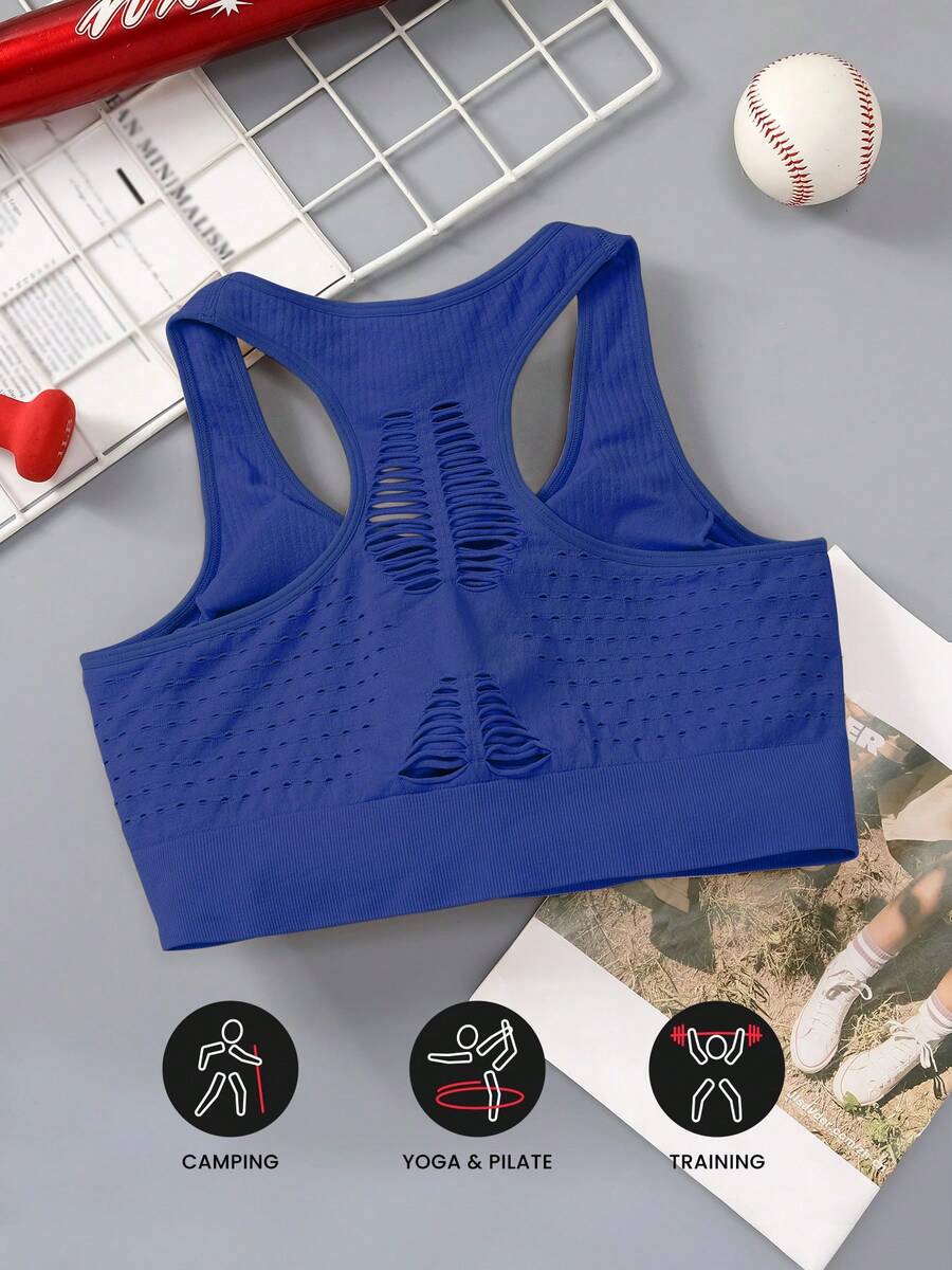 Plus Size Women Seamless Knit Sports Bra With Removable Cups - Blue - View 1