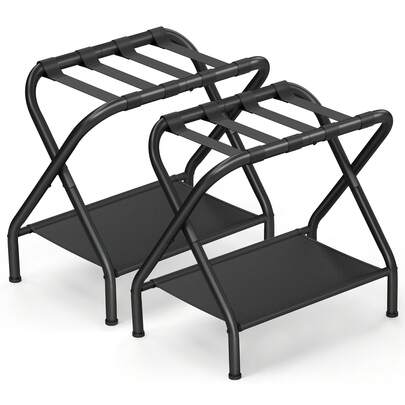 SONGMICS Estantes de Equipaje, Juego de 2, Soporte para Maletas con Estante de Tela, para Dormitorio, Hotel, Marco de Acero Plegable, Soporta hasta 50 kg, 69 x 38 x 52 cm, Negro