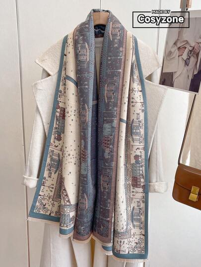 1pc Elegant Jacquard Eiffel Tower Pattern Faux Cashmere Warm Scarf For Women, Fleece, Fashion Versatile Air Conditioning Shawl, Suitable For Autumn/Winter