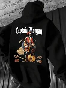 Captain For MORGAN Men'S Hoodie - Casual Long Sleeve Sweatshirt With Cartoon Design, Polyester, Machine Washable, All-Season Comfort Fit, Casual Wear Hoodie | Cartoon Print Hoodie | Machine Washable Top - 黑色 - 查看 1