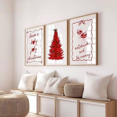 1/3件套无框圣诞海报套装，复古圣诞树和圣诞快乐图案，节日墙面装饰，适用于客厅、卧室、宿舍 | 节日家居礼品套装，包含美观的季节性设计