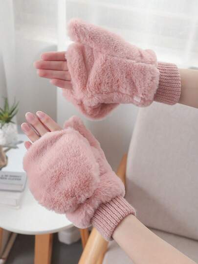 زوج من قفازات بدون أصابع مبطنة بالفرو الرمادي، مبطنة حرارياً وسميكة