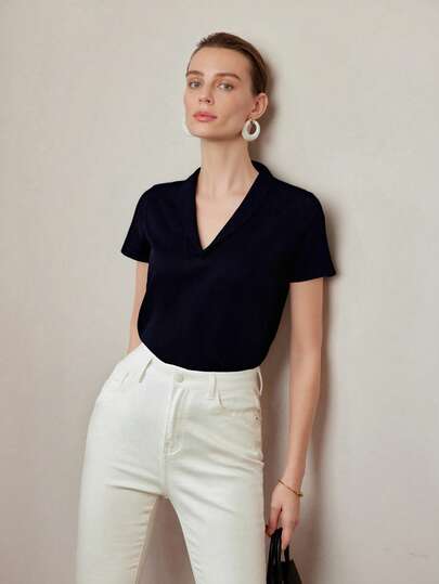 Blusa elegante de manga corta con cuello alto para mujer outfit oficina old money vintage