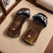 Floral Patterned Black & Colorful Flower Women's Wooden Clogs Slippers, Chinese Style Casual Home/Holiday Wear Sandals, Suitable For Spring, Summer, Autumn, Winter