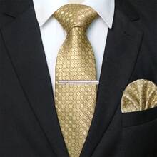 1件/2件/3件/5件 男士金色圓形圖案領帶、口袋巾、銀色領帶夾、袖扣與領口針組合套裝，適用於職場、商務、會議、婚禮、畢業典禮等場合，男士生日禮物配件 - 金色 - 查看 7