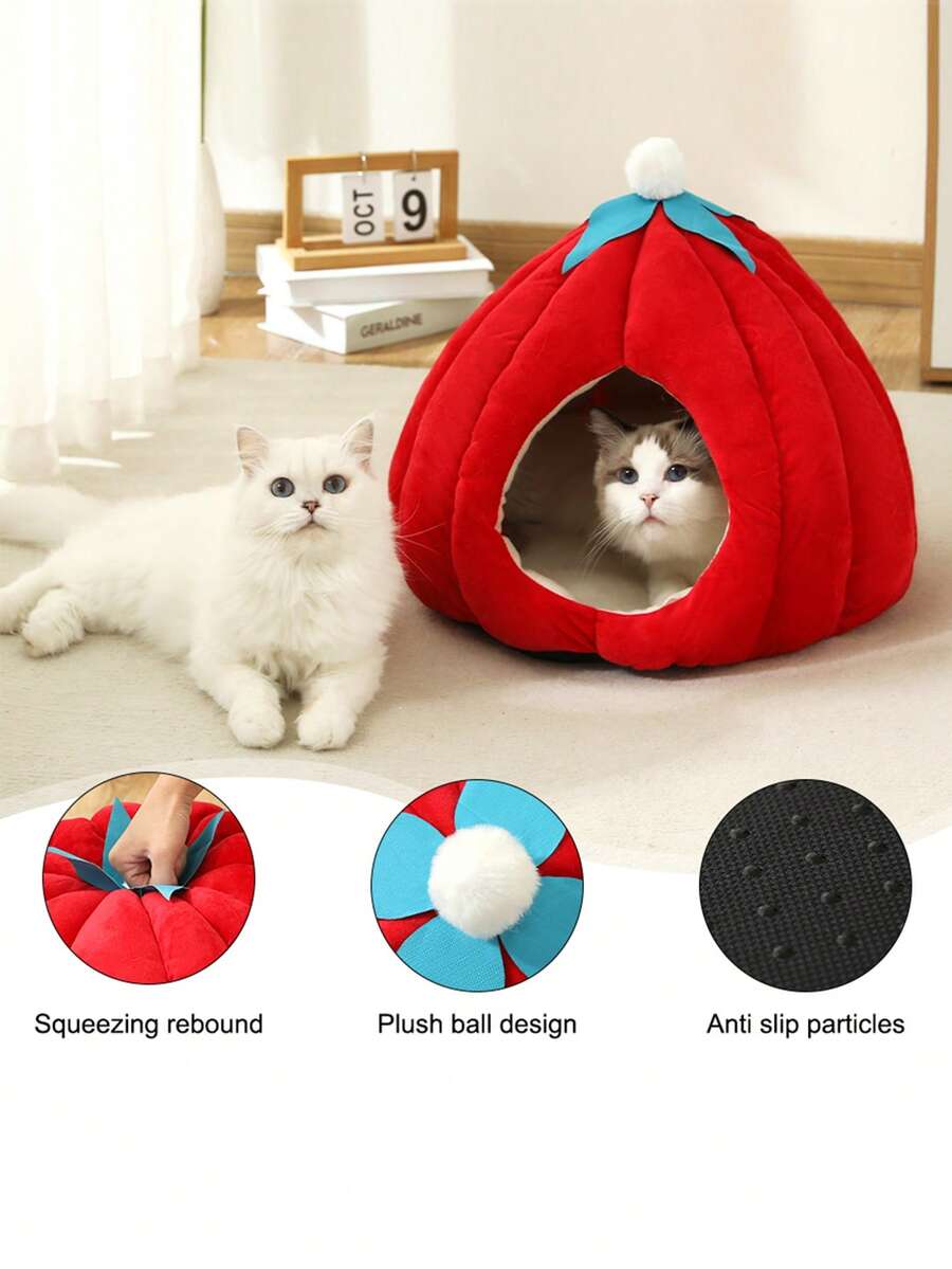 1个红色南瓜猫窝，封闭式猫屋，南瓜猫窝，温暖舒适，可拆卸可水洗，适合猫咪和小型犬