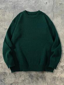 Herren lässiger, weiter Pullover in Einfarbig, Streetwear im amerikanischen Stil, Rundhalsausschnitt, Langarm, vielseitig einsetzbar, Herbst/Winter - Dunkelgrün - Übersicht 2
