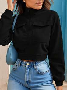 Women's Autumn/Winter Jacket, Thermal Lined Thickened, Minimalist High Collar Zipper Short Design, Multi-Pocket, Suitable For Outdoor Sports, Hiking, Walking, Running - Black - View 3