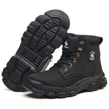 UMBURLLY 1 Pair Solid Color Utility Style Faux Leather Lace-Up Men's Safety Shoes, Anti-Smash, Anti-Puncture, Outdoor Work Shoes, Autumn/Winter - màu đen - Xem 9