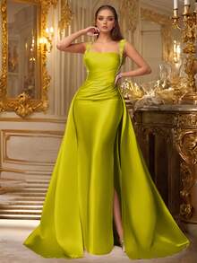 VIPGIRL 绿色无袖垂坠缎面礼服，配亮片肩带和长拖尾，优雅的女士美人鱼礼服，舞会礼服，晚礼服，婚礼宾客礼服，奢华迷人的舞会礼服 - 綠色 - 查看 6