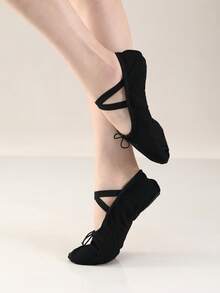 Drawstring Ballet Dance Flats For Women Black Canvas Criss Cross Band Slip-On Ballet Dance Shoes - Black - View 3