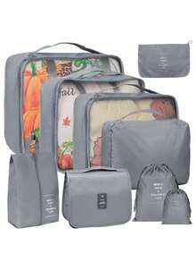 9pcs/Set Travel Luggage Organizer Set - Foldable Packing Cubes, Zipper Closure Storage Bags, Compression Pouches For Clothes, Shoes, Cosmetics, Underwear, Makeup, Accessories - Grey - View 21