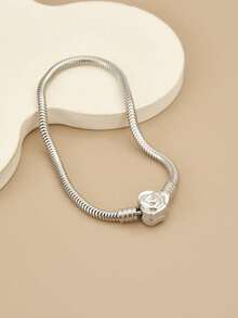 1pc Fashionable Charm Cubic Zirconia Snake Chain Stainless Steel Bracelet For Men & Women, Red Heart, Heart Lock, Suitable For Party, Daily Wear, European & American Style, Personalized, Generosity, Cubic Zirconia, Wedding Jewelry, Gift For Girl, Relative, Friend, Birthday, Valentine's Day, Gift For Lover - Silver - View 22