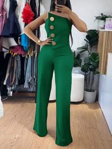 ChicMe 不对称抹胸露肩连体裤金属纽扣装饰休闲工装裤 - 墨綠色 - 查看 4