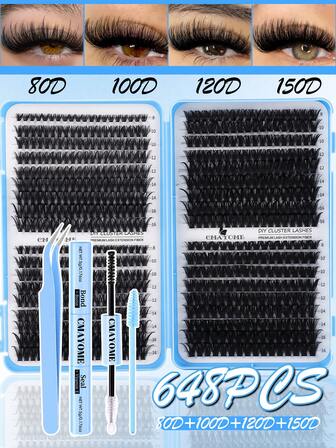 720/666/648-Piece DIY Eyelash Extension Kit, Eyelash Cluster Set, 10D-150D D-Curl, Includes Eyelash Adhesive, Tweezers, Lash Brush. For Home Application. Includes Complimentary Lash Book (Assorted 4 Styles). Multi-Purpose Lash Cluster Kit. Lashes. False Eyelashes.