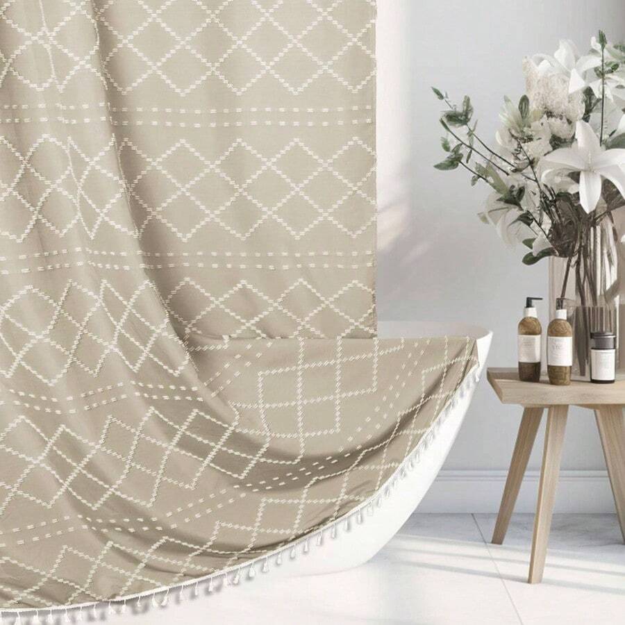 White Boho Shower Curtain Fabric Shower Curtains With Tassel 72x 72 Modern Textured Shower Curtain Farmhouse Minimalist, Tufted Striped Shabby Chic, Resistant Cloth Curtain Bathroom - 米白色 + 72W x 71.7L 吋(1 片) - 查看 1