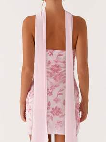 Women Summer Mini Bandeau Dress Sleeveless Off Shoulder Flower Embroidery Tube Top Dress With Scarf - Hồng - Xem 2
