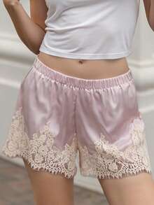 Summer Satin Mini Shorts With Lace Ruffles And Casual Shorts For Women At The Beach - Champagne Pink - View 2