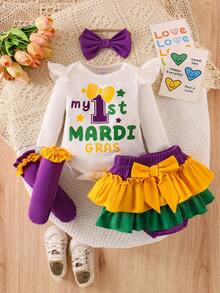 2pcs Baby Girls Cute Dopamine Color White Long Sleeve Bodysuit + Colorful Skirt Set, Autumn/Winter