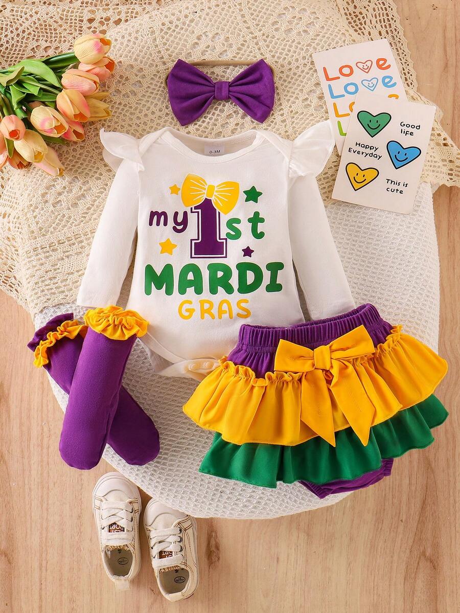 2pcs Baby Girls Cute Dopamine Color White Long Sleeve Bodysuit + Colorful Skirt Set, Autumn/Winter