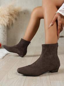 秋冬女士时尚靴，简约方头，棕色绒面革，弹性鞋带，纯色，后拉链，机车靴，显瘦，百搭，保暖，商务，通勤，假日，派对，优雅经典踝靴 - 棕色 - 查看 2