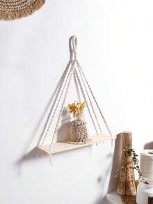 1pc/2pcs Handmade Woven Wall Hanging Rack, Triangular Wooden Floating Shelf, Boho Style Wall Mount Storage Rack With Macrame Tassel, Minimalist Home Decor, Natural Beige, Suitable For Living Room, Bedroom, Office And Entryway - Beige - View 11