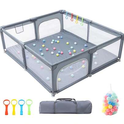 Parque infantil para bebés de 180 x 200 cm, parque infantil para bebés, gran zona de juegos de , con barrera de espuma anticolisión con malla transpirable, incluye bolas oceánicas y anillas de tiro.