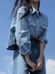 女士牛仔夹克，新款高品质夹克 - 藍色 - 查看 4