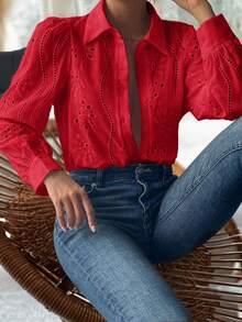 Vaiaye Women's Embroidered Solid Color Lace-Up Long Sleeve Top, Suitable For Valentine's Day, Everyday Wear, Travel, Mother's Day, Birthday And Party Occasions - Red - View 11