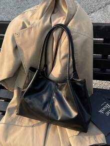 1 件纯色 PU 皮革手提包，时尚百搭大容量，简约风格，适合派对、活动、街头穿着 - 黑色 - 查看 6