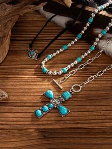 4 件西部乡村女牛仔风格金属扣靴子、帽子、吊坠、多层项链、复古时尚绿松石装饰项链、女士日常配饰首饰套装 - 彩色 - 查看 10