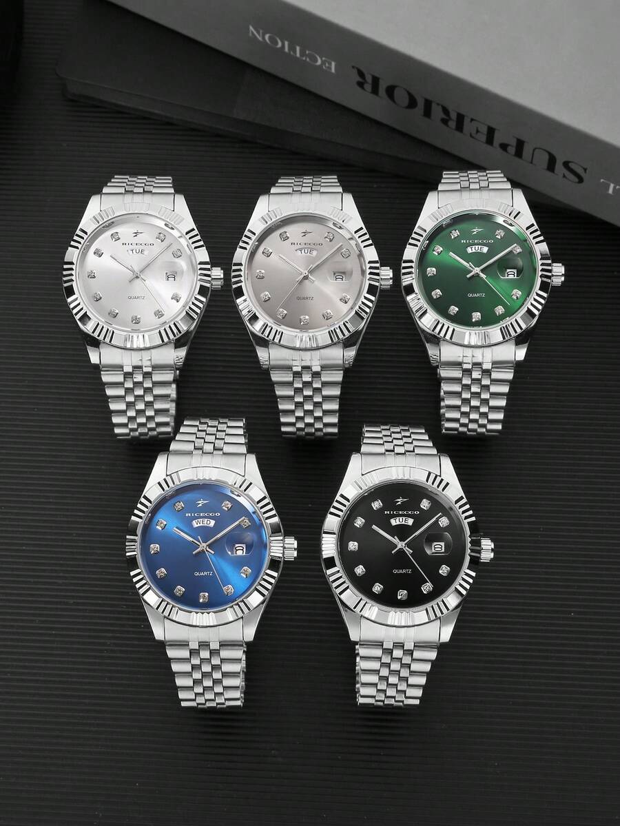 RICECGO 1 件男士商务石英表，奢华时尚男士腕表，带夜光双日历显示，不锈钢表带，适合日常佩戴，是情人节或生日送给男士的理想礼物 - 銀色 - 查看 1