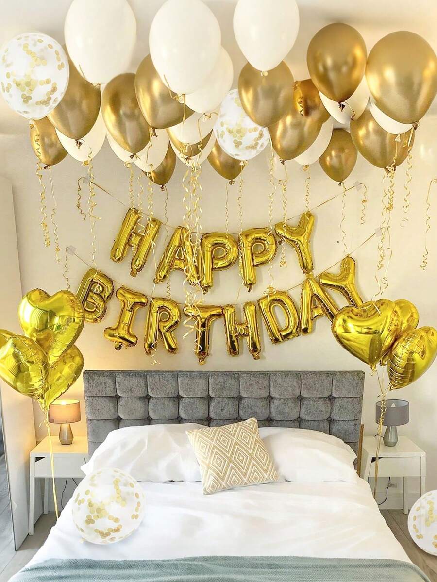 44pcs 16-Inch Gold Happy Birthday Letter Foil Balloon Set, Includes Gold & White Latex Balloons And Heart Foil Balloons, English Happy Birthday Letter Decoration, Party Scene Decor, Happy Birthday, Gold Champagne Balloons, Home Party Background Decor, New Year, Graduation, Birthday Party Decoration