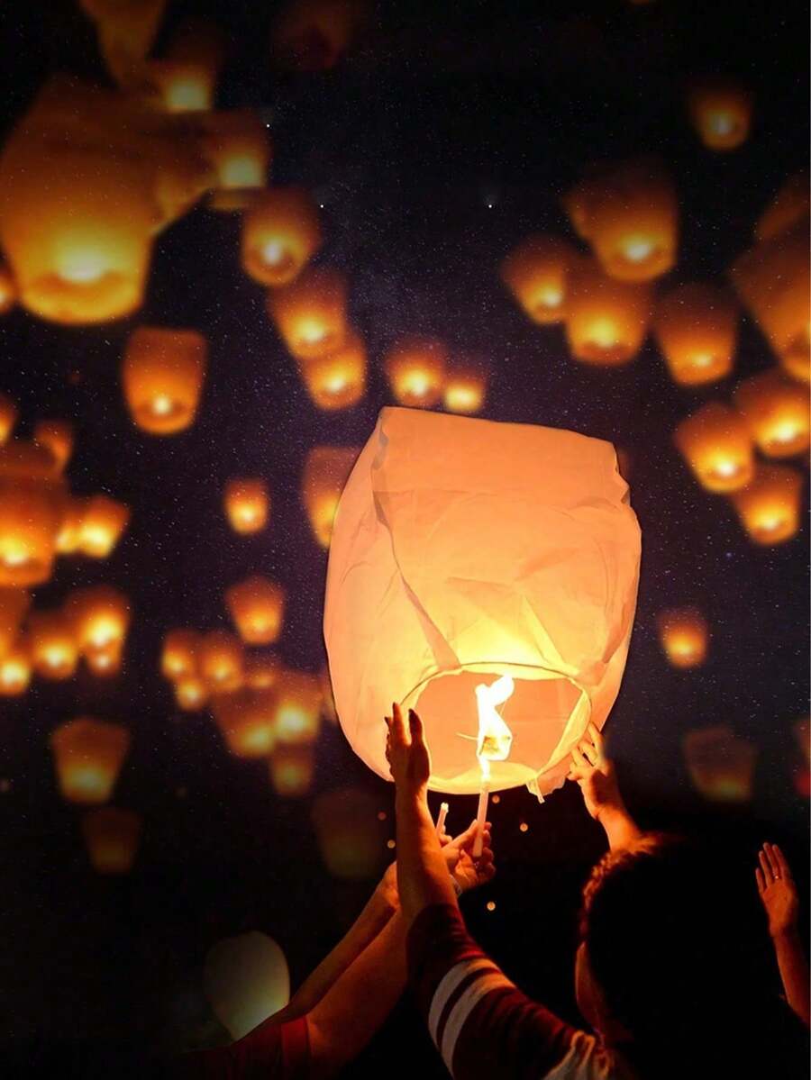 20pcs/10pcs/5pcs/3pcs Set Flame Resistant Paper Lanterns/Sky Lanterns/Wish Lanterns, Oval Shape, White Paper - Multicolor - View 1
