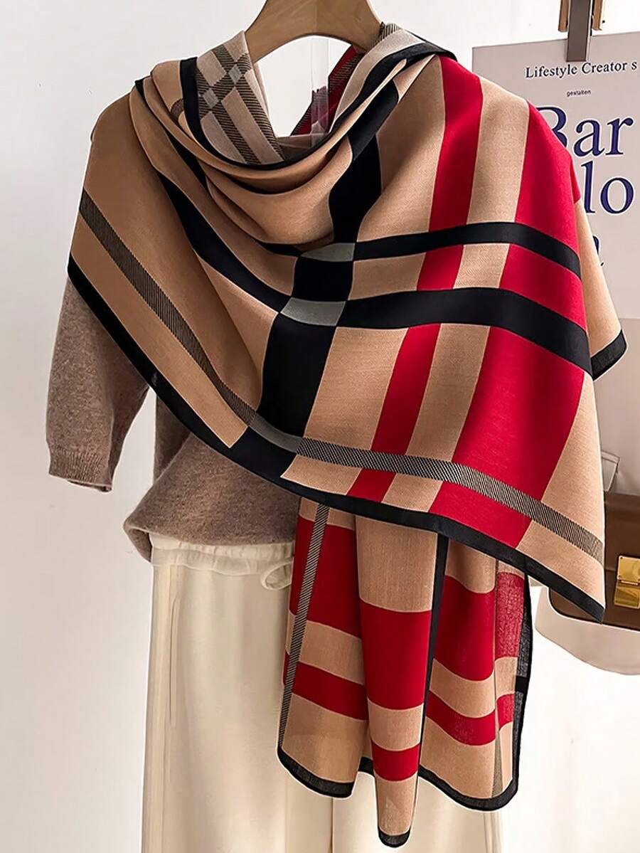 1条女士格子印花大围巾，缎面柔软亲肤，春夏防晒沙滩披肩，适合搭配连衣裙 - 卡其格紋 - 查看 1