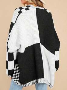 Womens Checkered Color Block Plaid Cardigan Oversized Knit Sweater Open Front Long Sleeve Coat - Đen và trắng - Xem 4